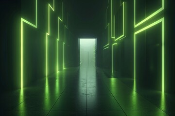 A futuristic corridor with cubes and neon led lights in green color. hacking and hack and code and computer engineer background. 3d rendered portal, abstract and mysterious, AI Generated.