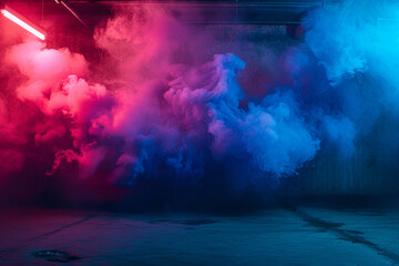 A vivid splash of ruby red and sapphire blue smoke, merging in a gradient style, resembling a dramatic abstract art piece in a 3D-lit garage - Powered by Adobe