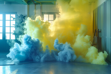 A whimsical and playful blend of lemon yellow and powder blue smoke, creating a joyful gradient in a 3D garage with ambient light