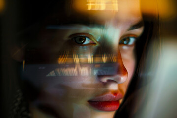 A close-up of a businesswoman's face reflected in her laptop screen in a softly lit office, symbolizing focus and determination