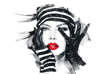 A beautiful woman wearing black gloves and striped