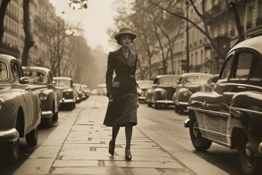 A vintage photograph of an elegant woman in Paris