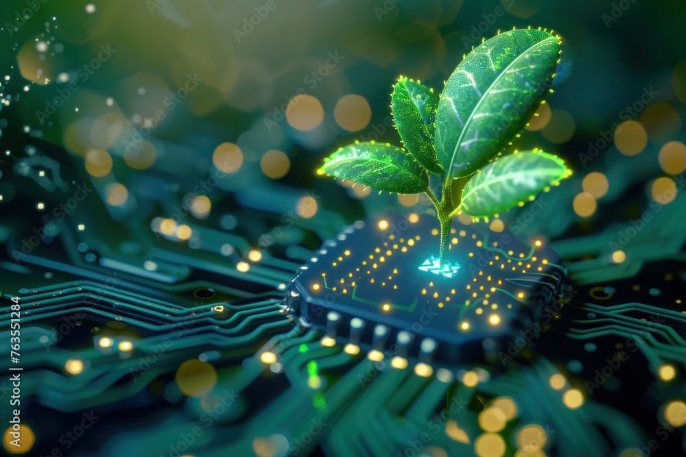 Poster a green leaf is growing on top of a computer chip. concept of innovation and technology, as well as 