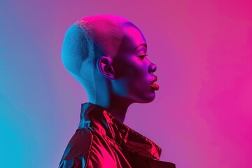 studio portrait of an albino woman with short hair in pink and blue neon light - obrazy, fototapety, plakaty