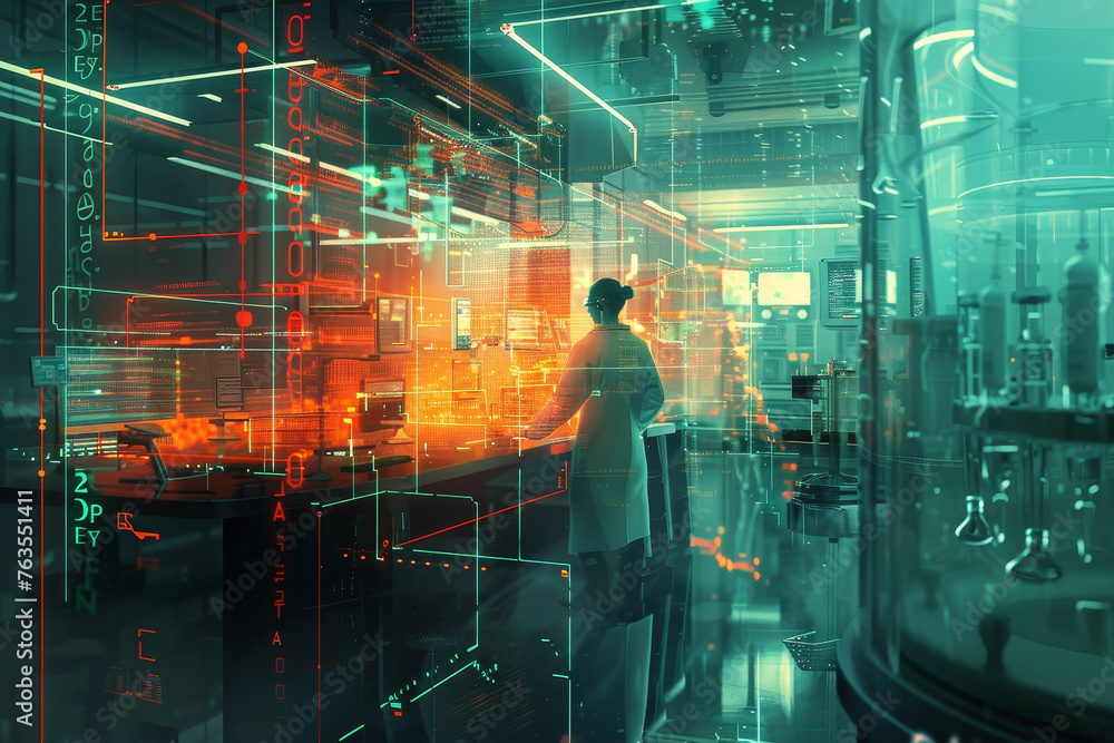 Poster an abstract view of a medical laboratory, with a network of glowing lines representing the flow of i