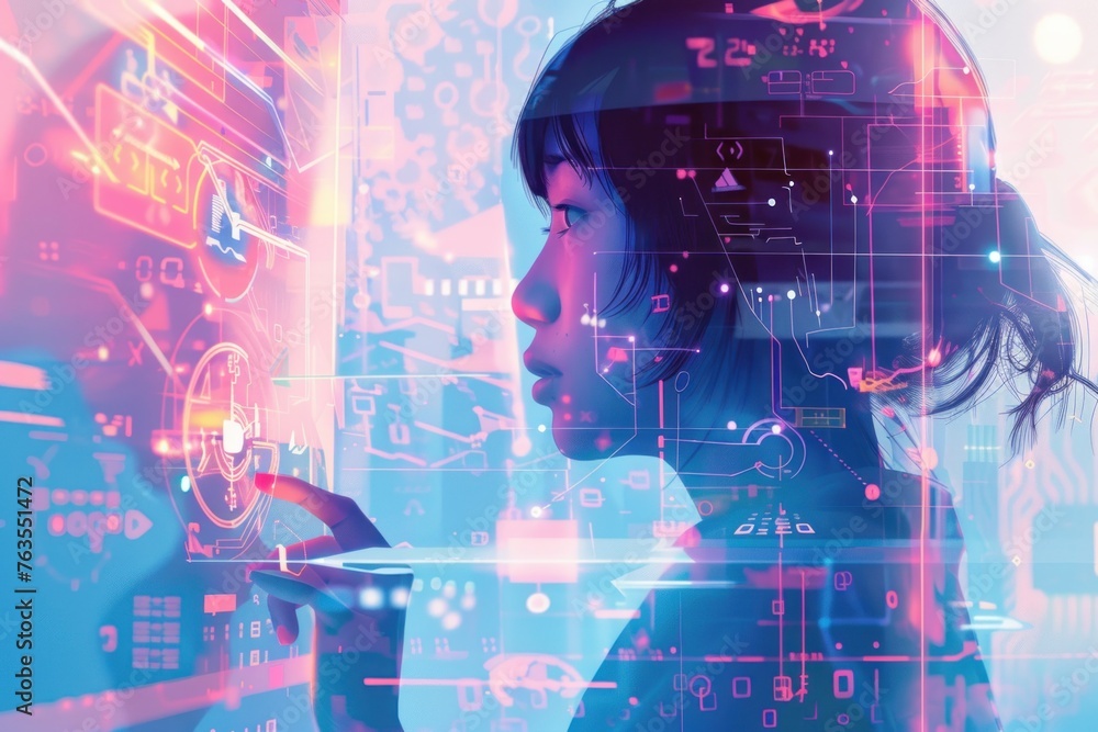 Poster a woman is looking at a computer screen with a finger on it. the image is a representation of a futu