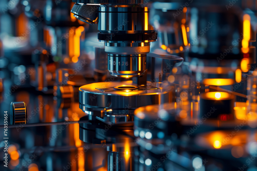 Poster an abstract view of a medical laboratory with rows of high-tech microscopes