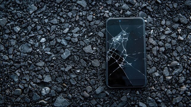 Phone with a cracked screen on a background of asphalt