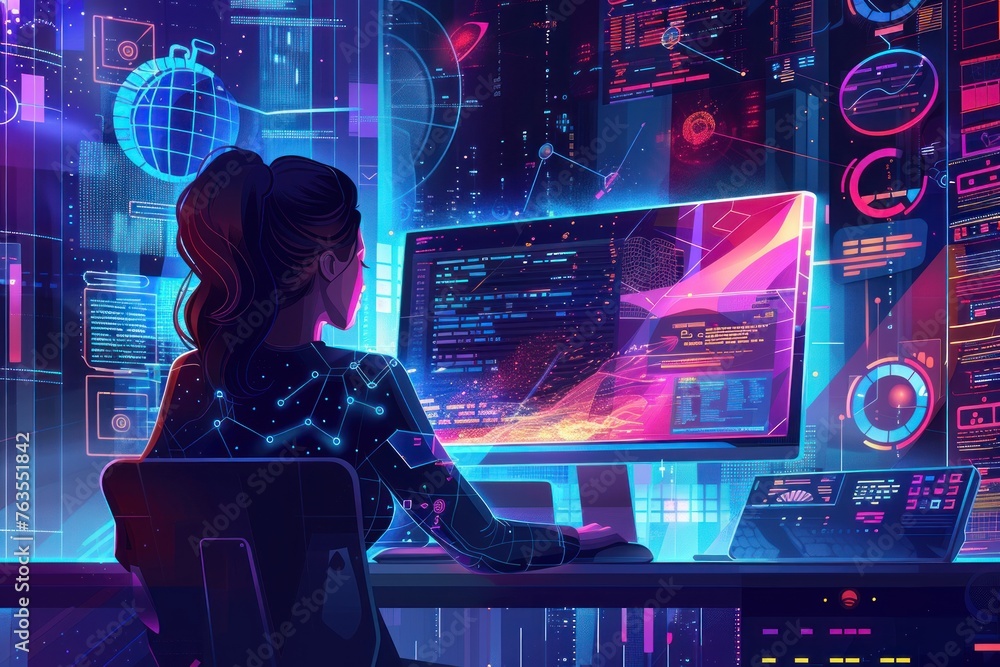 Poster a woman is sitting at a computer desk with a monitor in front of her. the monitor is displaying a co