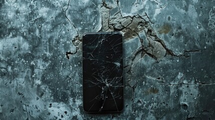 broken mobile phone, crack on the screen on a gray background - obrazy, fototapety, plakaty