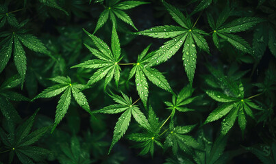 Wet tiny young green marijuana plants - obrazy, fototapety, plakaty