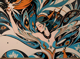 A fairy-tale girl stands with her head turned and her hand touching the head of an antelope - the unity of man and nature