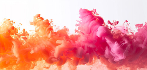 Electric pink and orange smoke splash against a stark white background, mimicking a fiery sunset in...