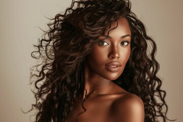 Beautiful African American woman with long curly hair posing for product photography
