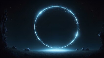 glowing blue circle on black background with copy space, space for text and design