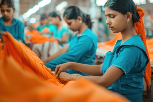 Female workers in blue uniforms sewing orange fabric at an Indian factory