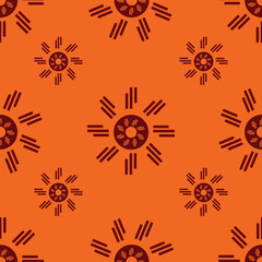 
orange and black icon symbol of the sun. seamless pattern on brown terracotta background. vector illustration for designing prints on fabrics, packaging, wallpaper, curtains 