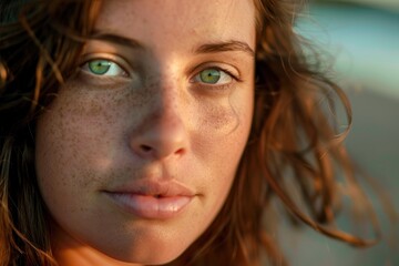 Fototapeta premium Closeup of a beautiful woman with brown hair and green eyes