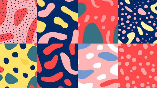 Seleção de fundos abstratos com ondas curvas e formas simples colorido com cores primarias 