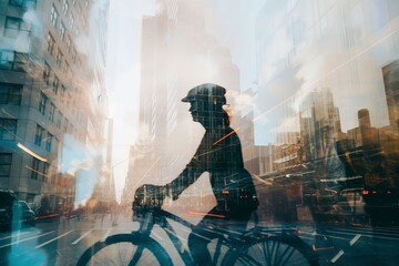 Cyclists in the city, Beautiful motion blur and double exposure image with city street, skyscrapers