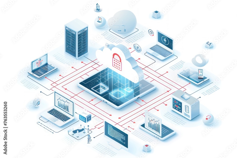 Aufkleber a computer network with many devices connected to it. the devices include laptops, tablets, and cell