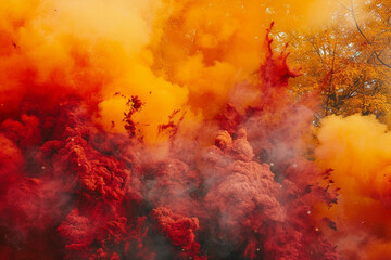 Fiery red, golden yellow, and deep orange smoke erupting in an aerosol-like explosion, creating a...
