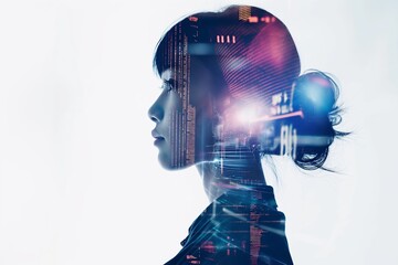 Double exposure photography of business and technology 5G wireless, mind, brain, technology, intelligence, head, human, science, digital