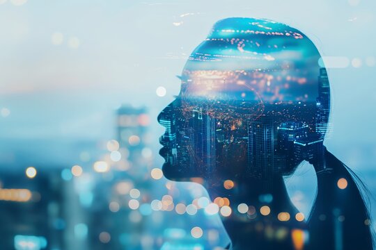 Double exposure photography of business and technology 5G wireless, mind, brain, technology, intelligence, head, human, science, digital