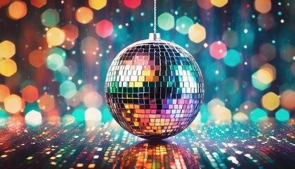Fototapeta na wymiar disco ball sphere with colorful disco lights for party nights wallpaper background with copy space