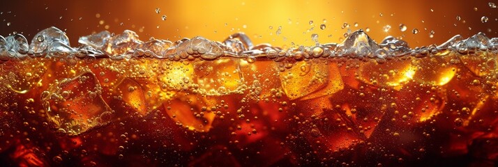 A refreshing soda drink or cola, served with ice cubes, creating a splash and bubbles, perfect for a summer party or celebration.