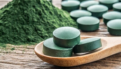 chlorella or spirulina tablets and powder in wooden spoon on wooden background nutritional supplement detox superfood
