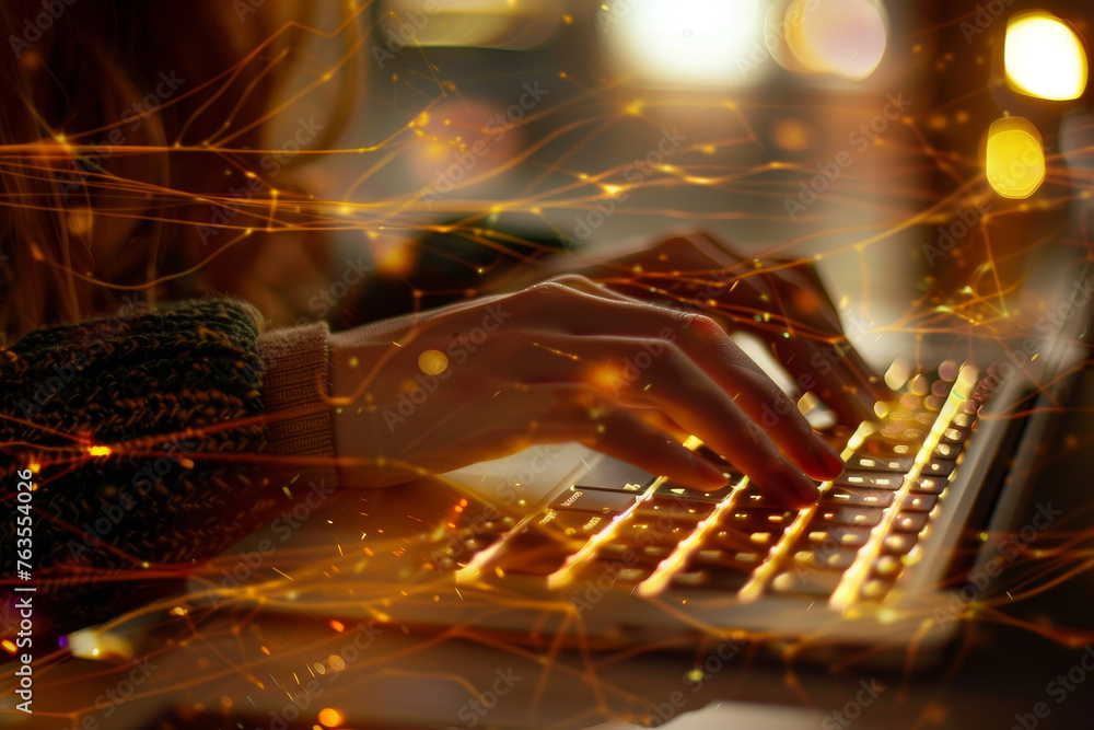 Poster a close-up of a businesswoman's hands on a laptop keyboard in a modern office, the warm light creati