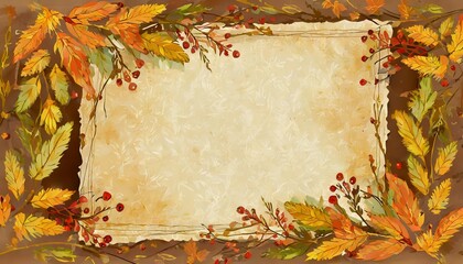 background with copy space ancient parchment paper with a frame of ornaments of autumn branches and leaves autumn blank