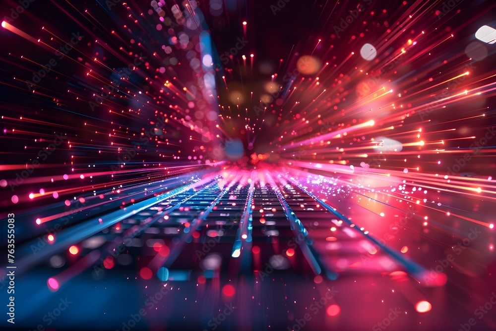 Poster laptop computer with digital data flowing out of screen and speed line around it on red blurred city