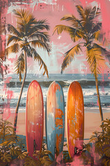 Three surfboards on sandy beach with palm trees and blue sky in background