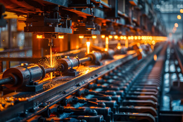 An industrial factory with rows of high-tech machinery - obrazy, fototapety, plakaty