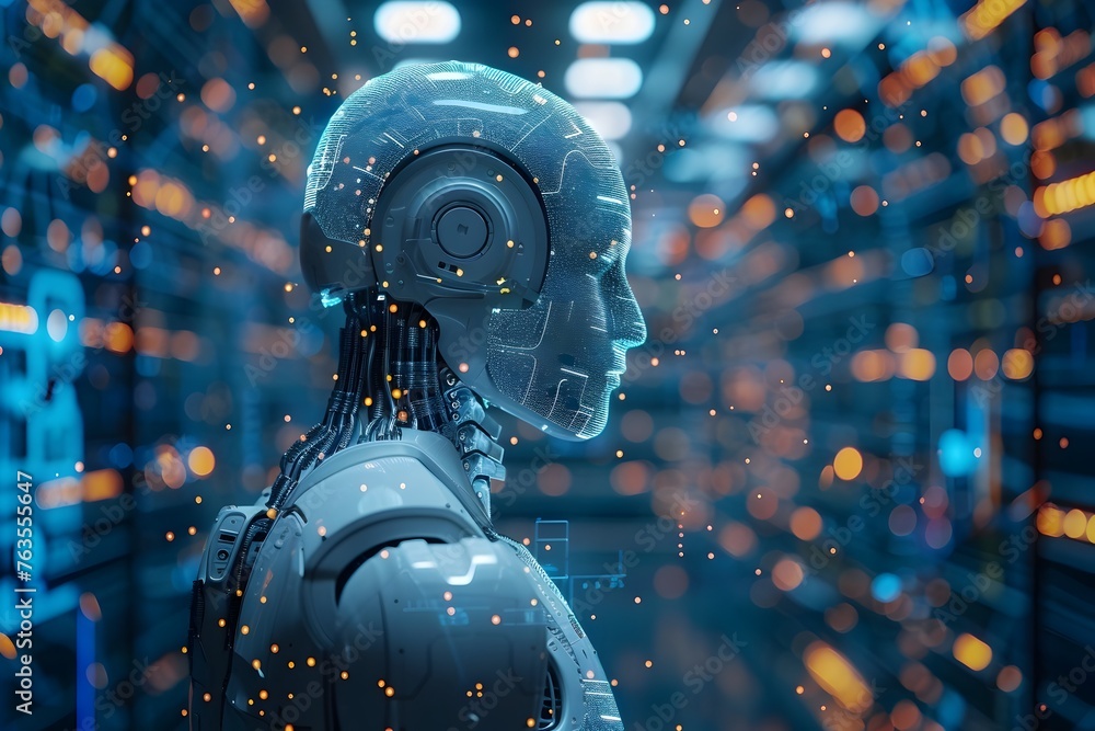 Poster artificial intelligence. digital artwork showcases an ai robot head with intricate facial features, 