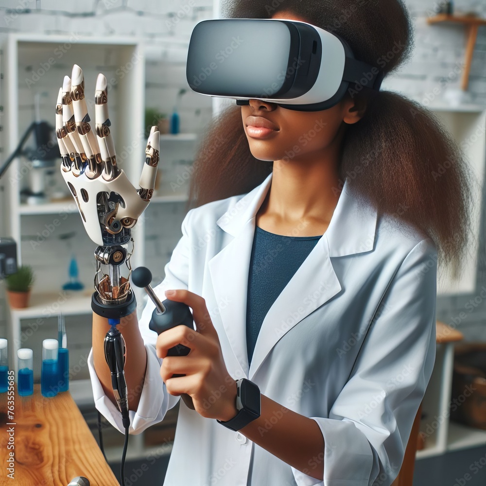 Poster a woman wearing a vr headset conducts an experiment with a robotic hand. the scene illustrates the c