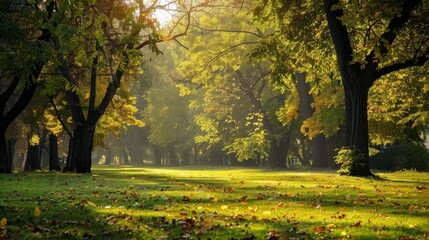 landscape of early autumn, the old Park, trees, green grass, bright green leaves - obrazy, fototapety, plakaty