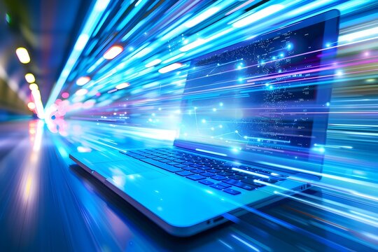 laptop computer with digital data flowing out of screen and speed line around it on blue blurred city street background, cyber security system, business, network connection and technology concept