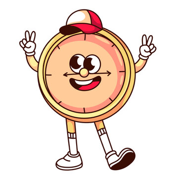 Groovy retro clock cartoon character with hippie peace gesture. Funny clock with cheerful smile, legs and baseball cap, deadline and time mascot, cartoon sticker of 70s 80s style vector illustration
