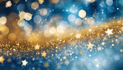 Obraz na płótnie Canvas a close up view of a blue and gold background with stars suitable for celestial festive or glamorous design projects such as invitations holiday themed graphics glitter lights de focused banner