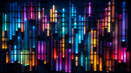 Vertical tubes of different lengths illuminated with neon colors