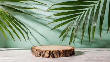 wooden scene on a white table on a pastel green background with a shadow of palm leaves premium...