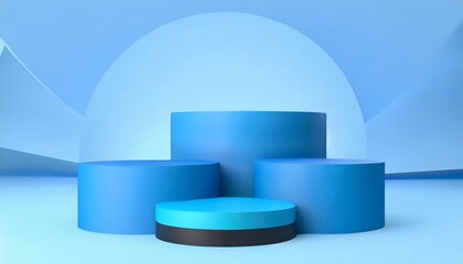 blue triple podium or pedestal on blue background minimal cosmetic background for product presentation 3d rendering horizontal display