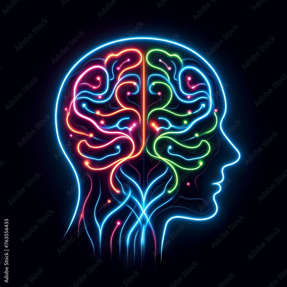 Poster vivid neon outlines depict a human brain split into colorful hemispheres, symbolizing creativity and