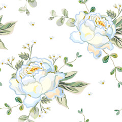 Rose flowers, green leaves, white background. Floral illustration. Vector seamless pattern. Botanical design. Nature garden plants. Summer bouquets - 763556448