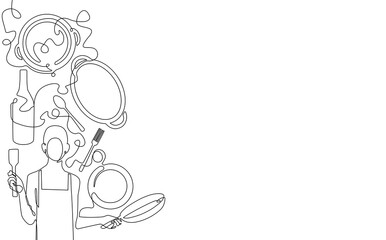 Vertical one line drawing illustration on culinary theme isolated on white background.   Chef with kitchen utensils. Vector art.