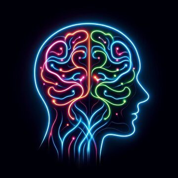 Vivid neon outlines depict a human brain split into colorful hemispheres, symbolizing creativity and logic. The image captures the essence of cognitive processes in a striking visual representation