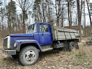 Obraz premium Truck against a background of trees. Old truck in the forest. Broken truck in the open air.